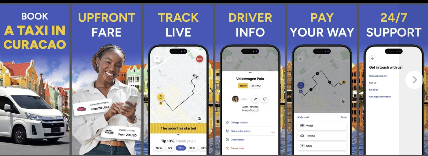 Kumbai app screens: book a taxi, upfront fare, live tracking, driver info, flexible payment, and 24/7 support